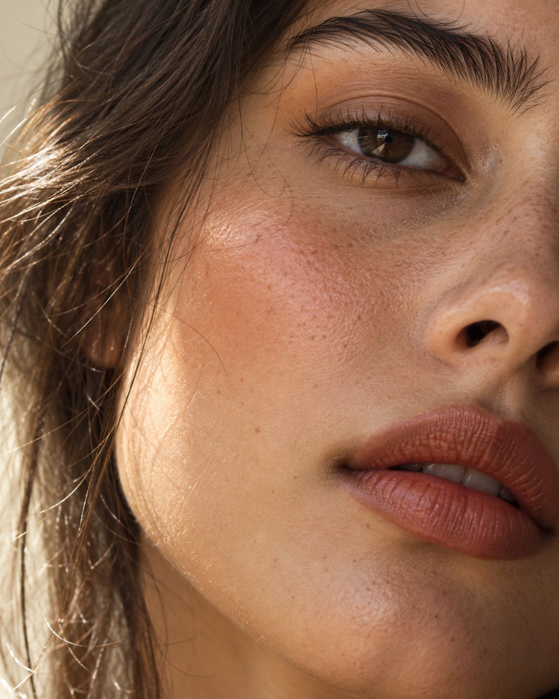 Close-up beauty portrait with natural skin texture and a muted rose and terracotta makeup palette